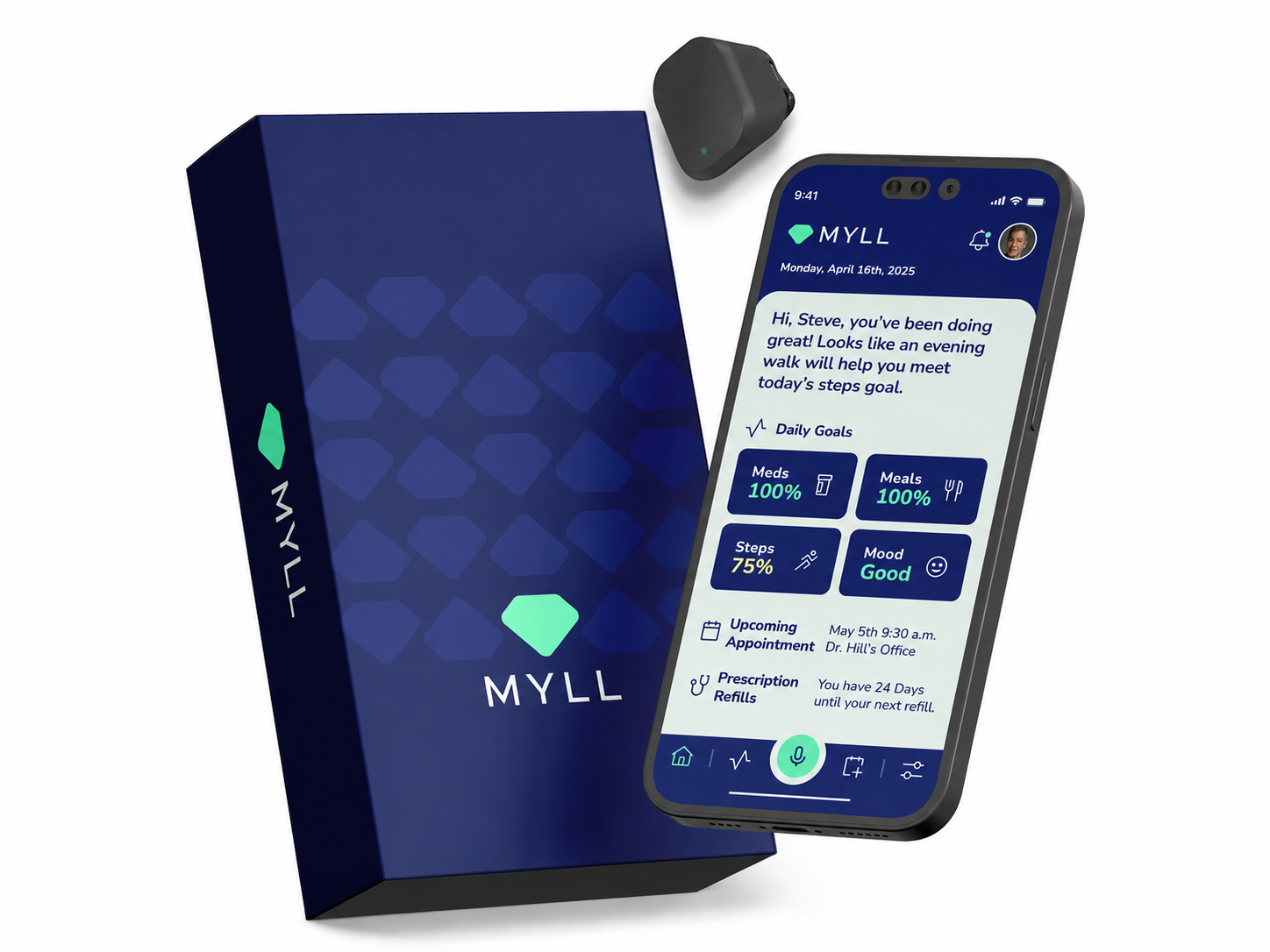 The MYLL box, the small wearable device, and the MYLL app showing a member's daily goals