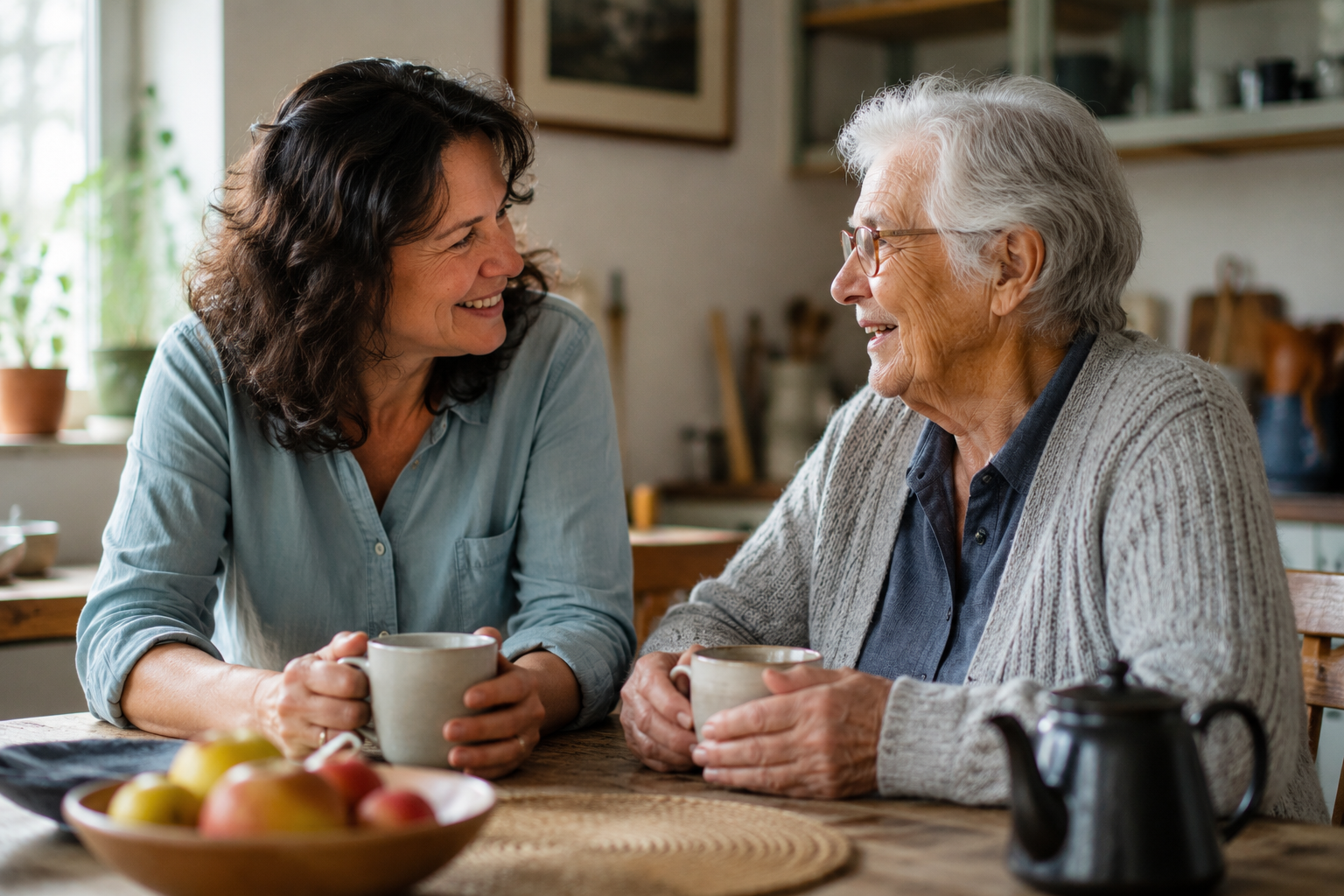 An adult daughter and her elderly mother talking warmly over tea at the kitchen table