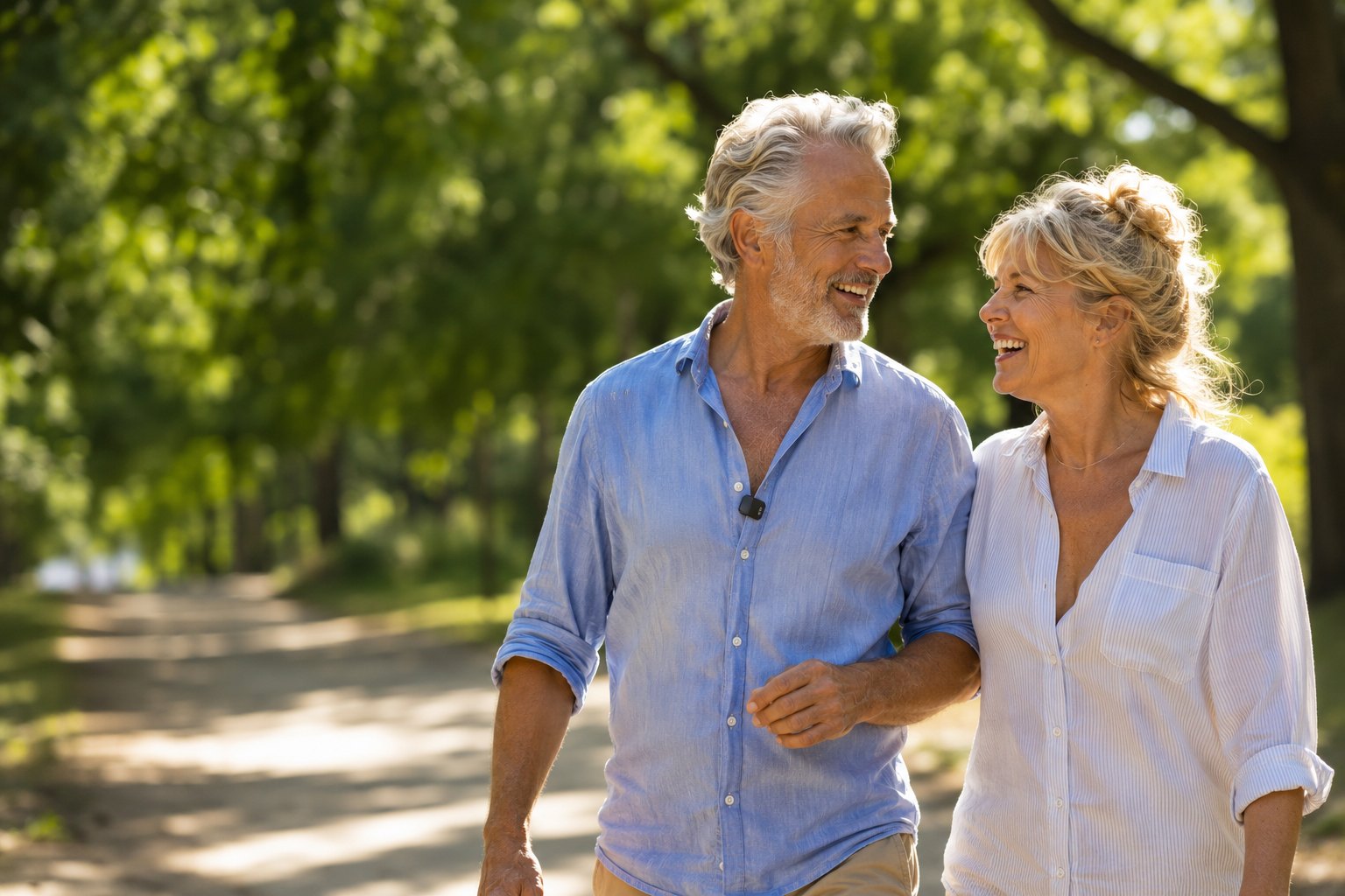 An older couple walking outdoors together, the MYLL device clipped to his shirt