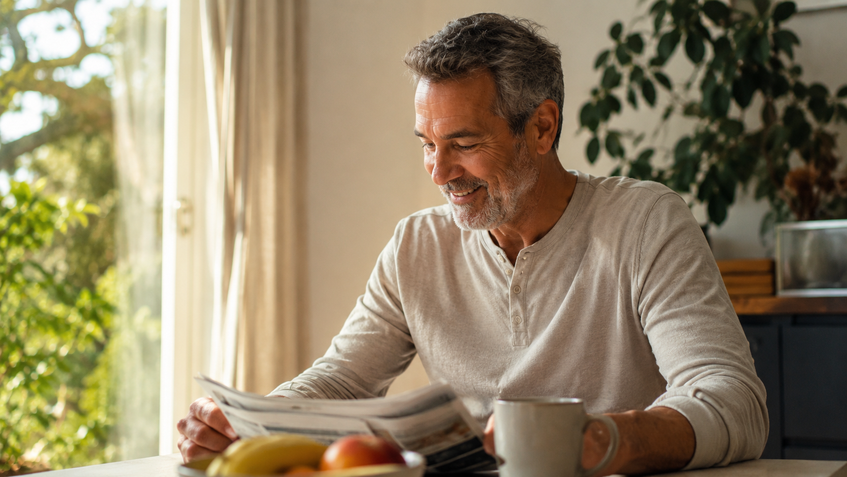 A man in his late fifties reading the paper with a coffee at his sunlit kitchen table