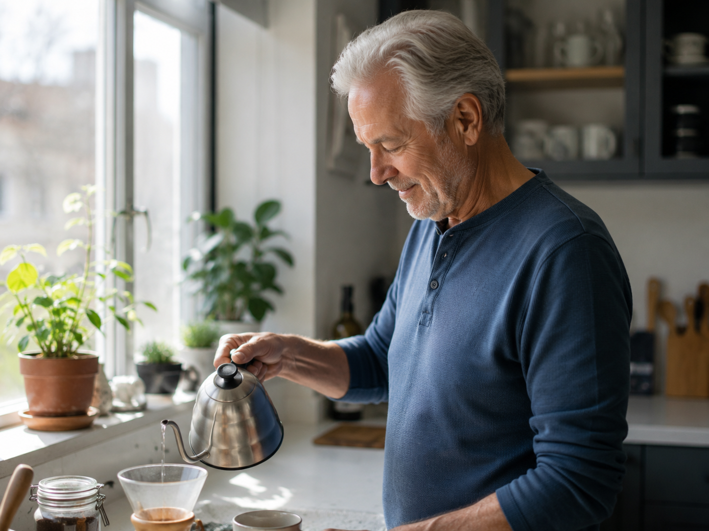 An older member pouring a pour-over coffee at home on an ordinary morning