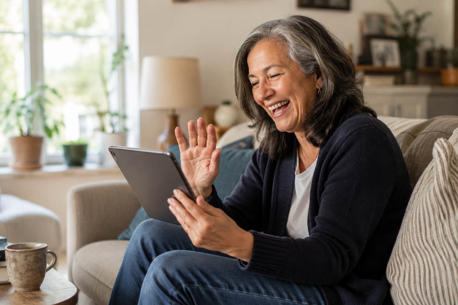 A woman in her early sixties laughing during a video call from her living-room sofa